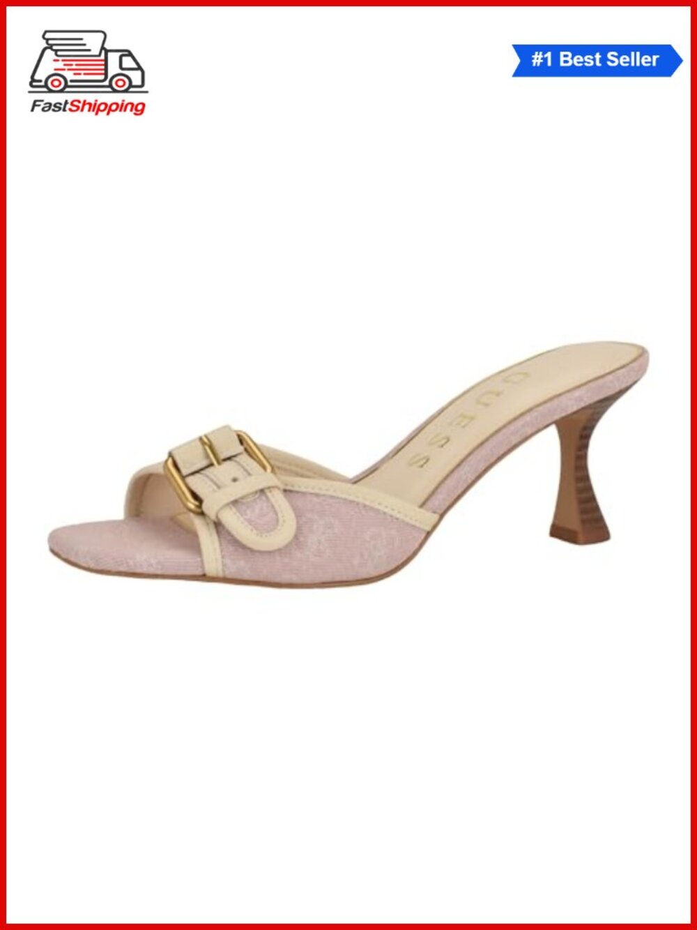 ✨ GUESS Dista Heeled Sandal Textile Faux Leather Ankle Strap Slip On Dress Shoe